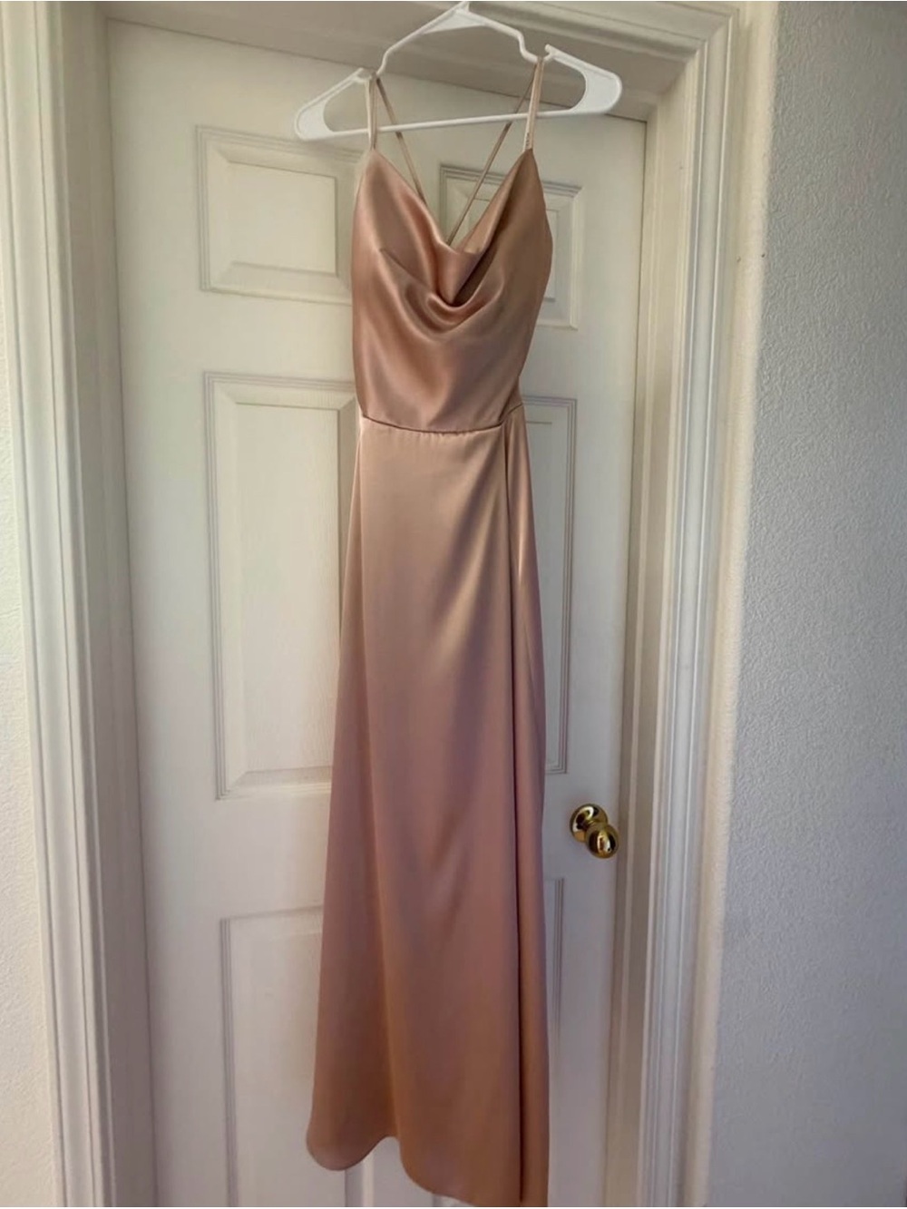 David's Bridal Rose Gold Satin Cowl Neck Slip Gown